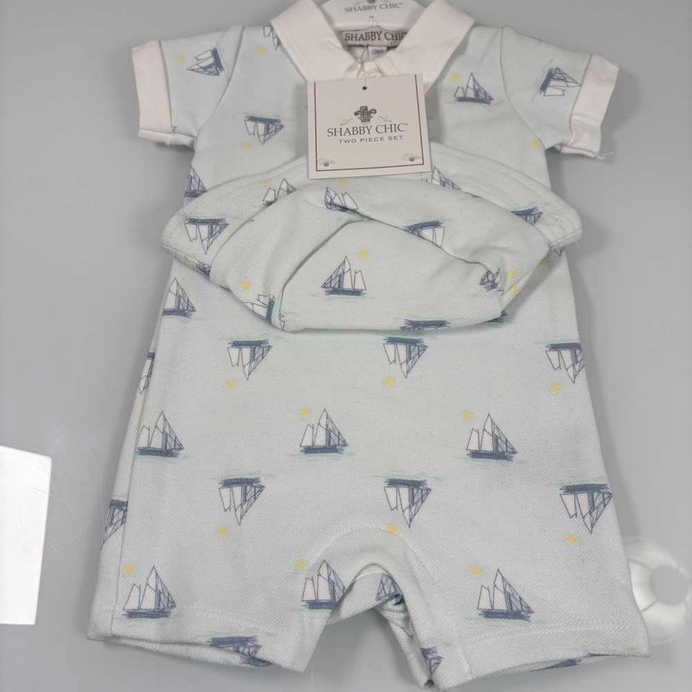 Shabby Chic Kids 3/6M Blue Sailboat Romper Hat Set NEW Nautical Snap Romper